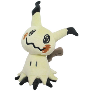 A soft plush of Mimikyu. The "painted on" face on the top half of his body are nicely embroidered, as are his actual eyes below. 