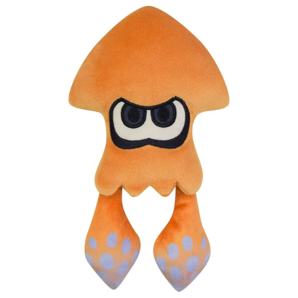 Orange squid plush from the splatoon series. His eyes are nicely embroidered, and the greyish spots on his tentacles are part of the fabric.