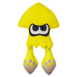 A neon yellow splatoon squid plushie. His eyes are nicely embroidered and the tentacles have greyish spots that are part of the fabric.