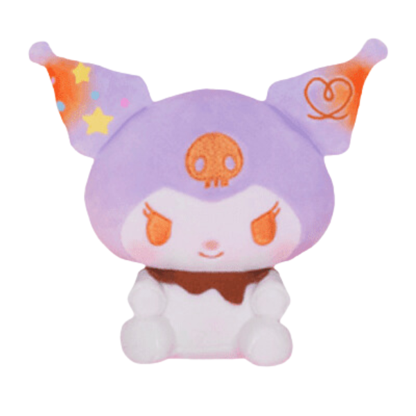A very soft Kuromi plush. Her hat is light purple and the ears look "toasted" like a marshmallow. Her eyes and accents are brown. She has a melty "chocolate" ring around her neck.
