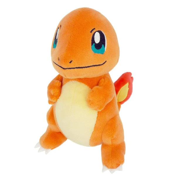 A soft charmander plushie standing up. His eyes and face are nicely embroidered.