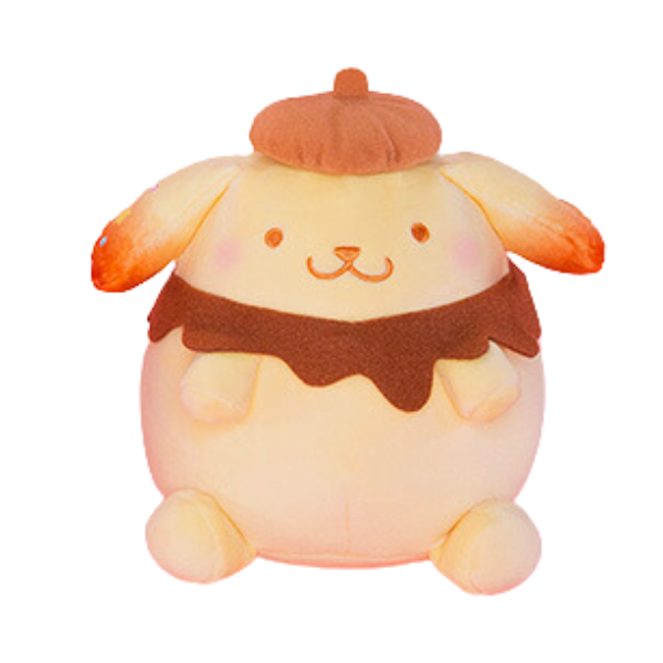 A round pompompurin plush with a ring of melty "chocolate" around his neck. His ears look like they are dipped in chocolate.