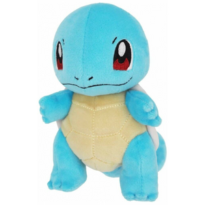 An aqua blue, soft squirtle plushie standing up. His eyes and face are embroidered and he has a brown shell.