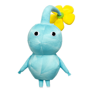 A soft ice pikmin plush. The fabric is  a light blue and white  to mimic the texture of ice. On his head is a yellow flower.