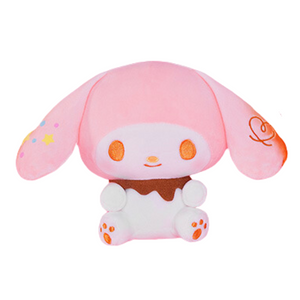 Soft my melody plushie with a melted chocolate ring around her neck. Her hat is pastel pink and looks lightly toasted on the ears like a marshmallow.
