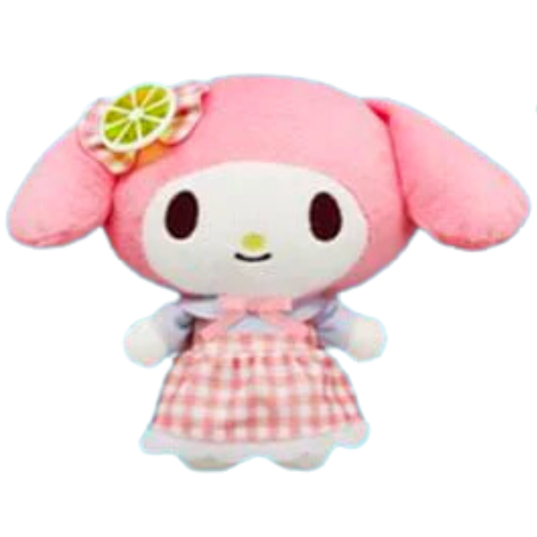 Pink My Melody plush wearing a lemon hair bow and a pink gingham dress