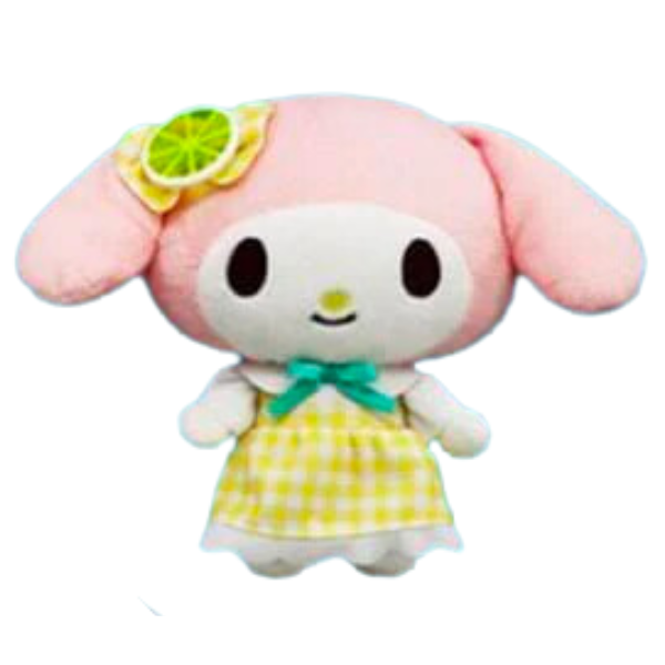 My melody plushie in a pastel pink. She's wearing a yellow lemon bow and a yellow gingham dress with a teal bow.