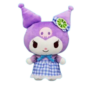 A purple Kuromi plush wearing a blue gingham bow with a lemon on it. She's wearing a blue gingham dress with a blue bow.