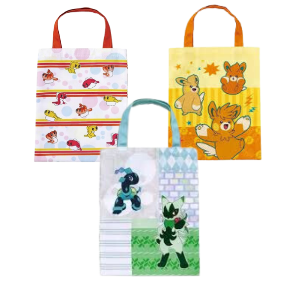 Three tote bags represented at once: A tote bag with a mixed media background of white bricks, pastel stripes, green sweater pattern, and white and grey bubbles. It features Terapagos and Floragato and has a light blue handle.
A tote bag in yellow and orange featuring Pawmi, Pawmo, and Pawmot all looking happy. The bag has an orange handle.
A tote bag in white with pink and blue bubbles, red and yellow stripes, featuring various tatsugiri pokemon in different poses. The bag has a red handle.