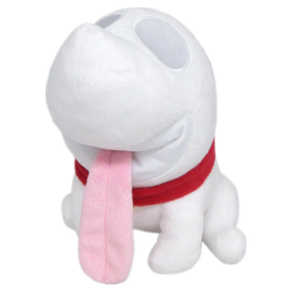 A white polterpup ghost plush from Luigi's Mansion. His eyes are also embroidered white, and he has a red fabric collar and a long pink tongue.