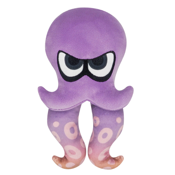 A purple octoling plush from the splatoon series. The gradiant and sucker pattern on his tentacles are part of the fabric, and his eyes are nicely embroidered.