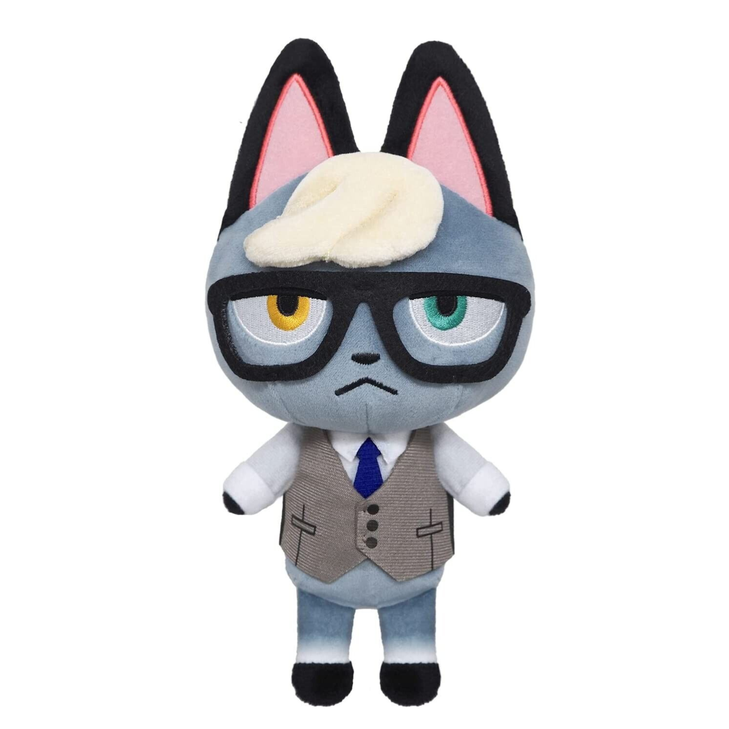 Raymond the cat plushie. He has grey fur and black ears, and one yellow eye and one green eye. He's wearing a grey vest with a blue necktie.