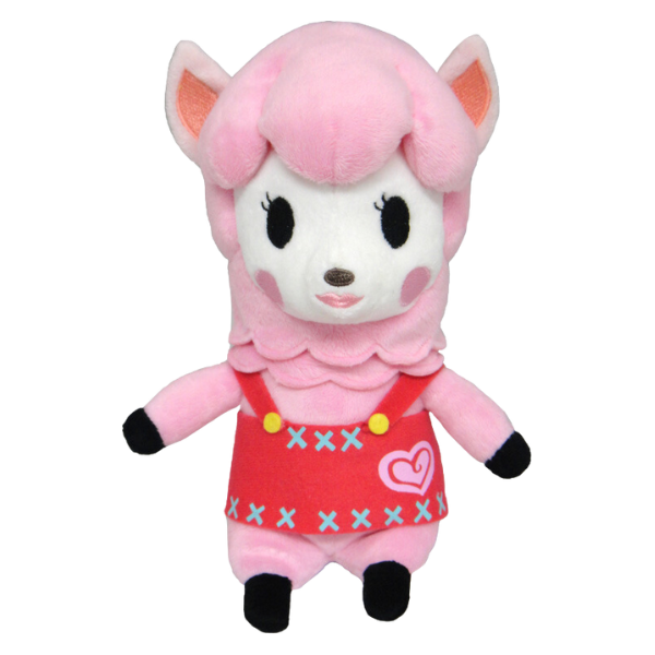 A high quality plush of Reese from Animal Crossing. Her fur is a soft pink fabric and her face is nicely embroidered. She is wearing a red felt decorated apron.