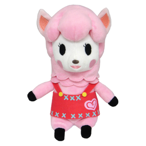 A high quality plush of Reese from Animal Crossing. Her fur is a soft pink fabric and her face is nicely embroidered. She is wearing a red felt decorated apron.