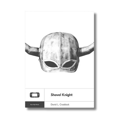 The cover for shovel knight by David L. Craddock. It features a monochrome black viking helmet on the front cover.