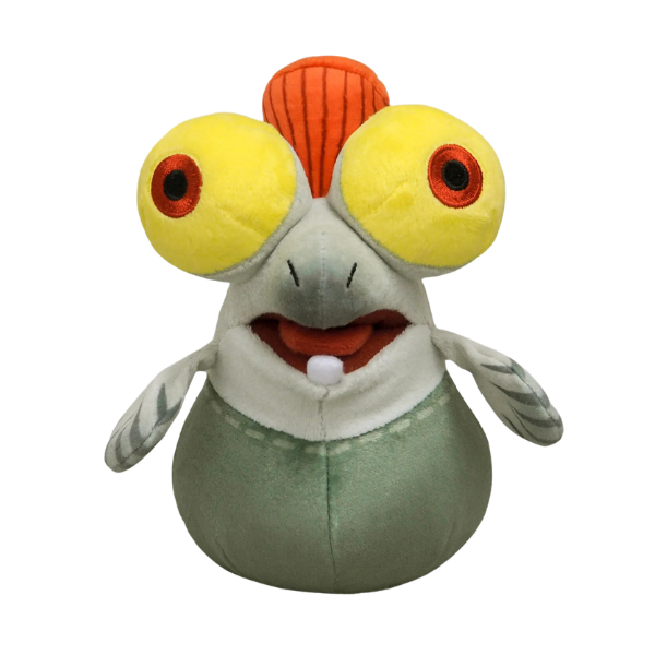 A plushie of smallfry from the splatoon series. He has huge yellow bulging eyes, an orange "mohawk" like fin, and a greyish green body.