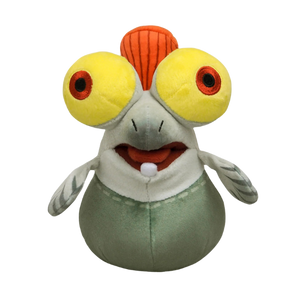 A plushie of smallfry from the splatoon series. He has huge yellow bulging eyes, an orange "mohawk" like fin, and a greyish green body.