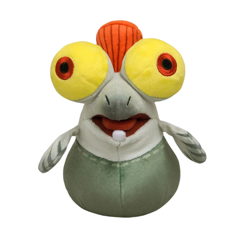 A plushie of smallfry from the splatoon series. He has huge yellow bulging eyes, an orange "mohawk" like fin, and a greyish green body.