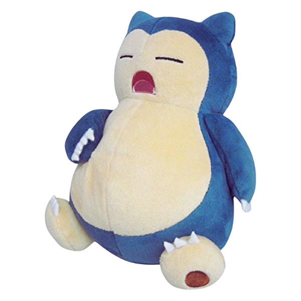 A very high quality snorlax plush made of soft fabric. He has nicely embroidered face details, and one arm is resting on his stomach.