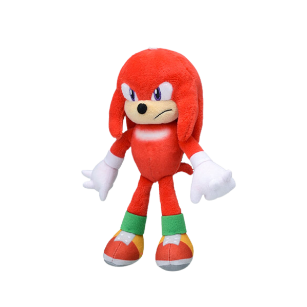 A plush of Knuckles the Echidna with nicely detailed plush shoes and spiked gloves. He has an annoyed look on his face with an embroidered slight frown.