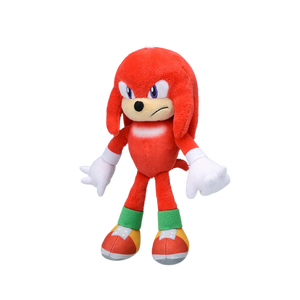 A plush of Knuckles the Echidna with nicely detailed plush shoes and spiked gloves. He has an annoyed look on his face with an embroidered slight frown.