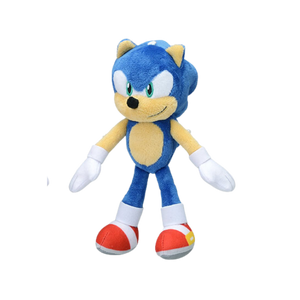 A plush of Sonic the hedgehog with a smug smile on his face. His gloves and shoes are nicely detailed.