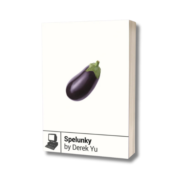 The cover for Spelunky by Derek Yu, featuring a large purple eggplant in the center of the cover.