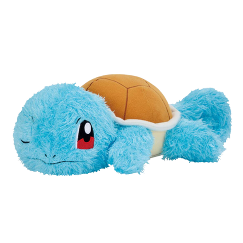 A very fluffy plush of squirtle laying down, made of extra fuzzy fabric. His shell and belly are not fuzzy. His facial details are nicely embroidered and he has one eye closed and one open.