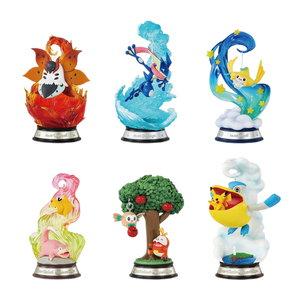 All 6 types in the Swing Vol. 3 set. 1. Volcarona swinging on a swirl of fire and lava. 2. Greninja swinging in a swirl of light blue waves. 3. Jirachi swinging on a starry blue swirl. 4. Slowpoke and psyduck swinging in a swirl of pink and yellow. 5. Rowlet holding an apple swinging from an apple tree, with fuecoco down below. 6. Pelipper with a pikachu riding in his beak, hanging from a swirl of fluffy clouds.