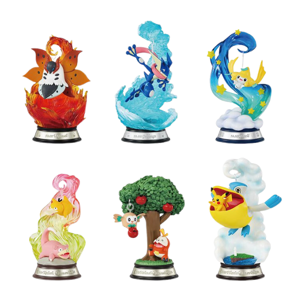 All 6 types in the Swing Vol. 3 set. 1. Volcarona swinging on a swirl of fire and lava. 2. Greninja swinging in a swirl of light blue waves. 3. Jirachi swinging on a starry blue swirl. 4. Slowpoke and psyduck swinging in a swirl of pink and yellow. 5. Rowlet holding an apple swinging from an apple tree, with fuecoco down below. 6. Pelipper with a pikachu riding in his beak, hanging from a swirl of fluffy clouds.