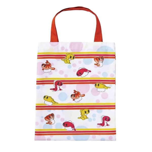 A tote bag in white with pink and blue bubbles, red and yellow stripes, featuring various tatsugiri pokemon in different poses. The bag has a red handle.