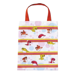 A tote bag in white with pink and blue bubbles, red and yellow stripes, featuring various tatsugiri pokemon in different poses. The bag has a red handle.