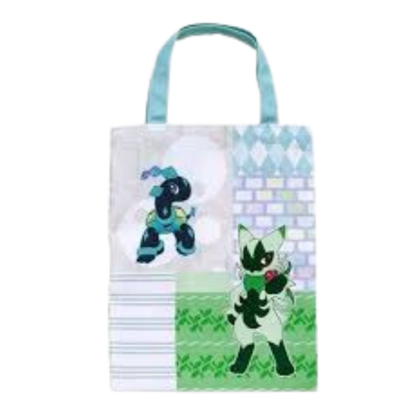 A tote bag with a mixed media background of white bricks, pastel stripes, green sweater pattern, and white and grey bubbles. It features Terapagos and Floragato and has a light blue handle.