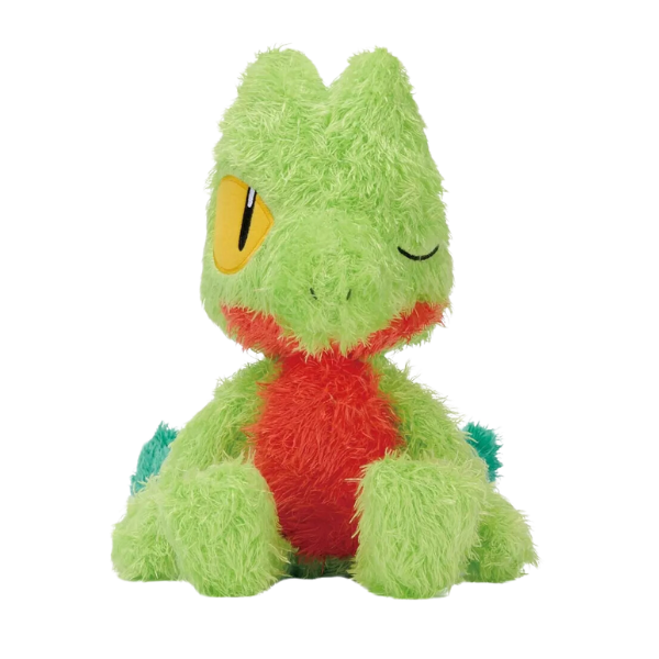 A super fuzzy plush of Treecko made of an extra furry fabric. His facial details are nicely embroidered. One eye is open and one is closed.