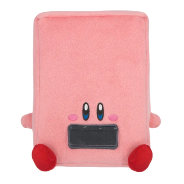 A rectangular shaped plush of Kirby. It's constructed with stiff foam, with a soft pink fabric outside. His eyes and cheeks are nicely embroidered, and the vending machine "flap" is a movable clear soft plastic.