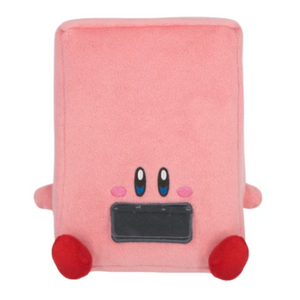 A rectangular shaped plush of Kirby. It's constructed with stiff foam, with a soft pink fabric outside. His eyes and cheeks are nicely embroidered, and the vending machine "flap" is a movable clear soft plastic.