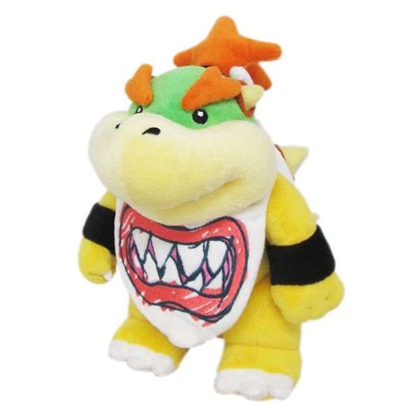 A high quality stuffed toy of Bowser Jr. He has orange plush eyebrows and hair, and a bib with printed fangs. His back has multiple plush spikes.