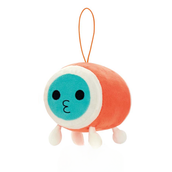 A soft plush of Katsu from Taiko Drum Master. Orange red body with white feet, and a blue face with a content expression.