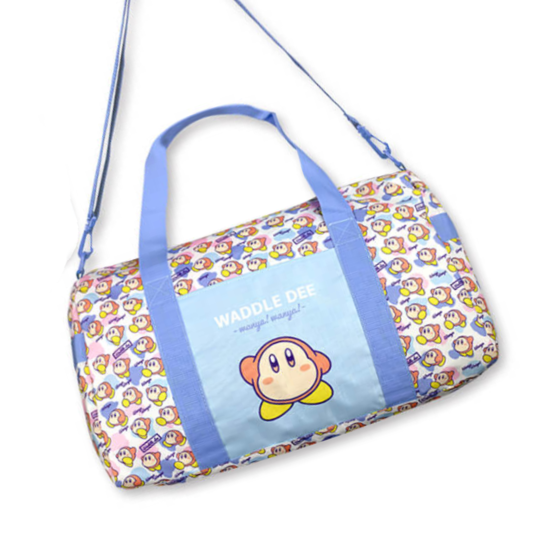 a large bag featuring sky blue adjustable straps and a repeating pattern of waddle dee in various poses with pink and blue splotches. The front of the bag features a large waddle dee on a light blue background.