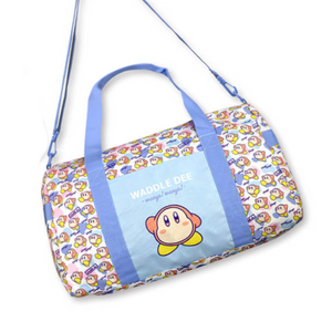 a large bag featuring sky blue adjustable straps and a repeating pattern of waddle dee in various poses with pink and blue splotches. The front of the bag features a large waddle dee on a light blue background.