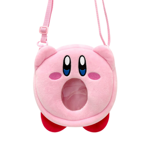 A kirby shaped plush bag with a clear window where the mouth is open. The straps are pink and the facial details are nicely embroidered.