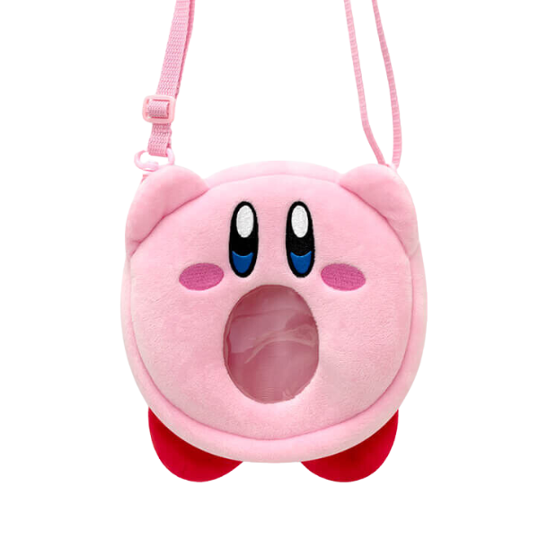 A kirby shaped plush bag with a clear window where the mouth is open. The straps are pink and the facial details are nicely embroidered.