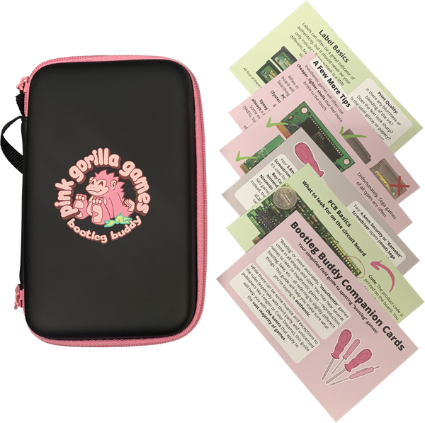 An image showing the outside of the bootleg buddy case. It is a black case with pink zippers, and has an image of our logo and the words "bootleg buddy." To the right of that are the bootleg buddy companion cards, which are informational cards that share tips on how to spot bootlegs.
