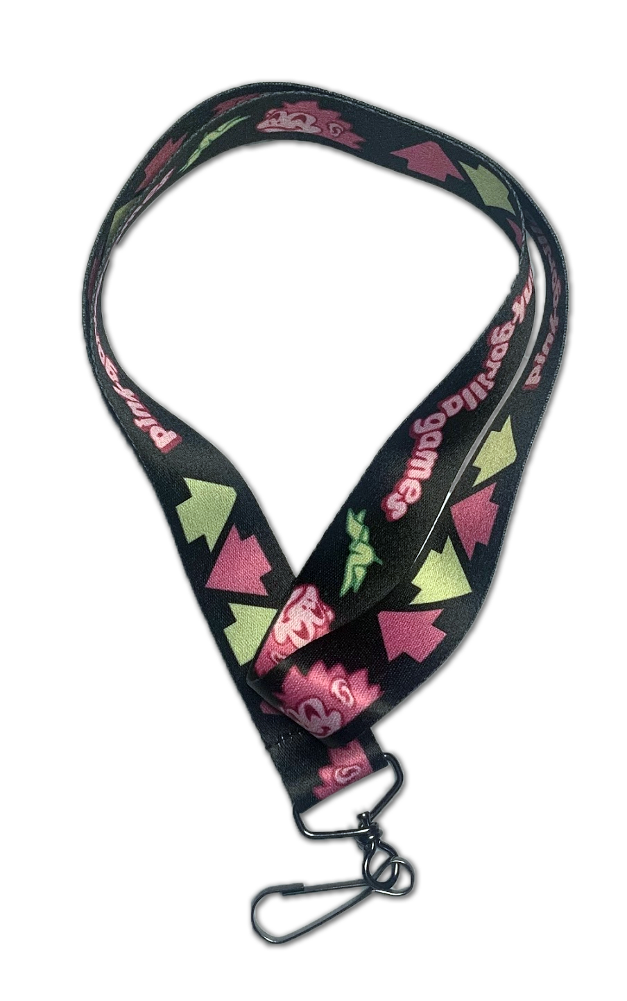 An image of our lanyard, curled into a teardrop shape to see the entire lanyard. The lanyard features the face of our Pink Gorilla mascot, the words Pink Gorilla Games, and pink and green arrows on a black lanyard.