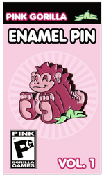 An enamel pin of our Pink Gorilla logo, on a light pink pin backing. It says Pink Gorilla Enamel Pin, Vol. 1
