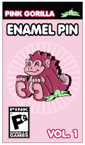 An enamel pin of our Pink Gorilla logo, on a light pink pin backing. It says Pink Gorilla Enamel Pin, Vol. 1