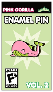 An enamel pin of our pink whale, Pink Kujira. The whale is pink with green accents, and is on a green pin backing. It says Pink Gorilla Enamel Pin, Vol. 1