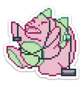 A pixelized version of our former pink dinosaur mascot, tangled in the cords of a video game controller and looking angry.