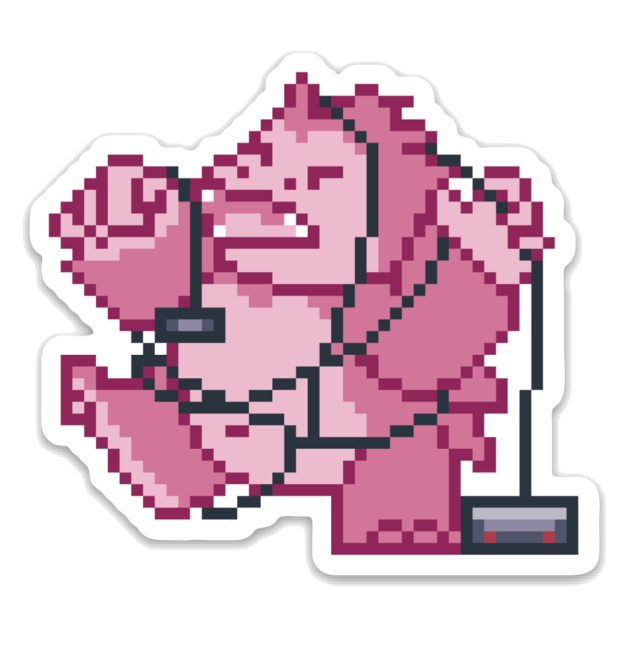 A pixelized version of our Pink Gorilla mascot, tangled in the cords of a video game controller and looking angry.
