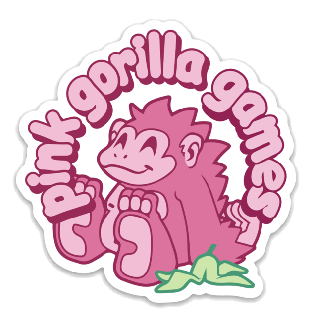 A sticker of our standard Pink Gorilla games logo, with the pink gorilla circled by the text "Pink Gorilla Games"